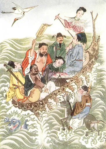 1922 book illustration of the Eight Immortals crossing the sea, from Werner's Myths and Legends of China.
