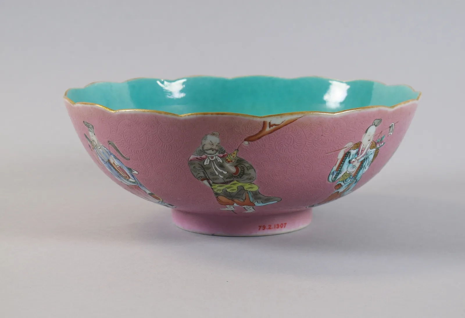 Porcelain bowl with the Eight Immortals over a pink ground, rotation view 4.