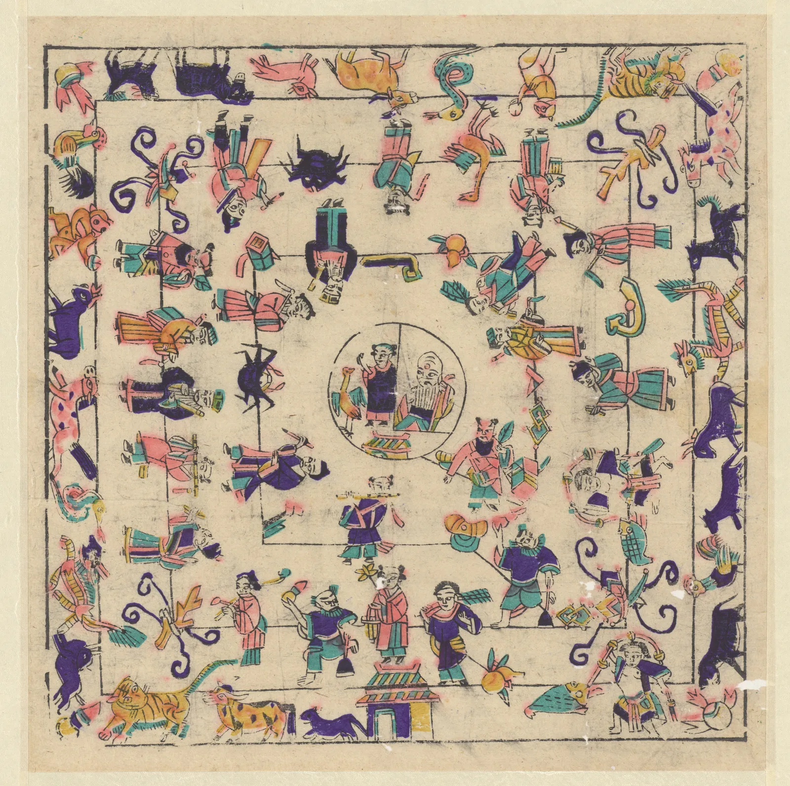 Suzhou woodblock print showing the Eight Immortals arranged with the twelve zodiac animals.