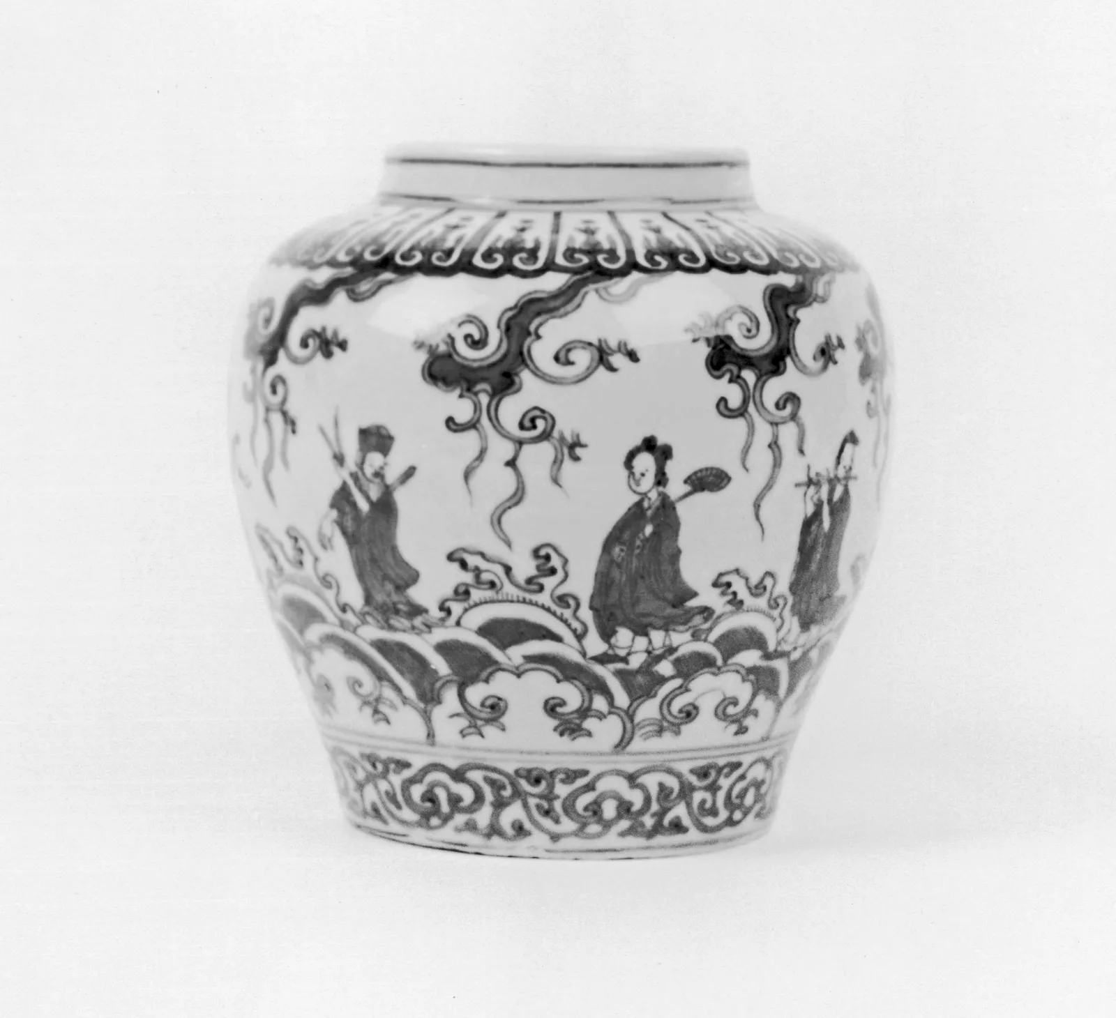 Blue and white porcelain jar depicting the Eight Immortals crossing the sea.