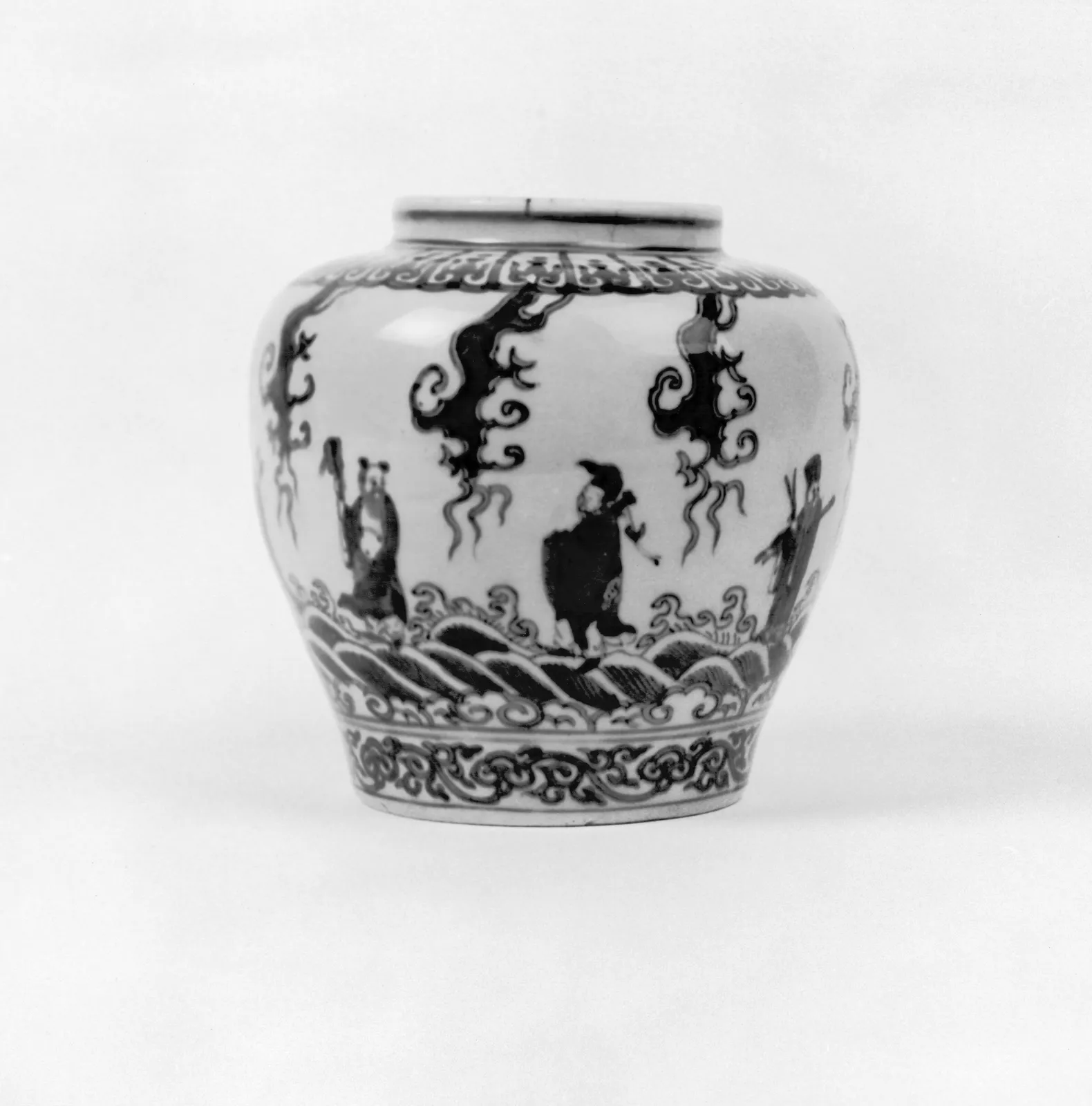 Blue and white porcelain jar depicting the Eight Immortals crossing the sea.